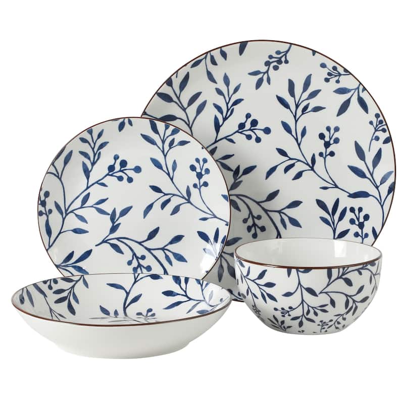 Gibson Home Palace Suite 16-Piece Dinnerware Set, Blue Floral Stoneware Plates & Bowls, Service for 4