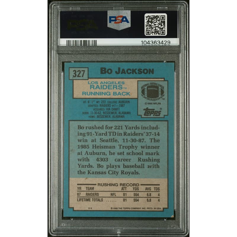 Bo Jackson 1988 Topps Signed Rookie Card #327 Auto Graded PSA 9 104363429 - 8' x 11'