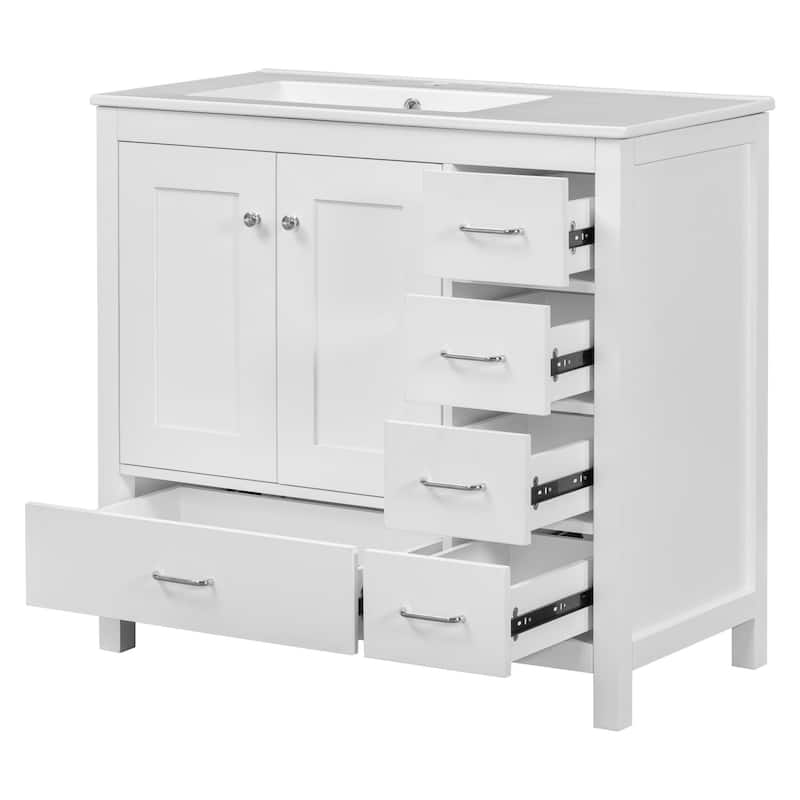 36" White Bathroom Vanity with Ceramic Sink Combo, Ample Storage Cabinet - 2 Soft-Close Doors and 5 Drawers