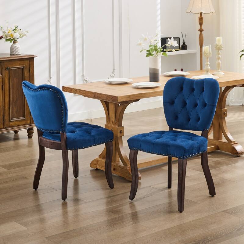 French Vintage Style Dining Chairs Set of 2, Upholstered Button Tufted Kitchen Chairs with Nailhead Trim - Blue