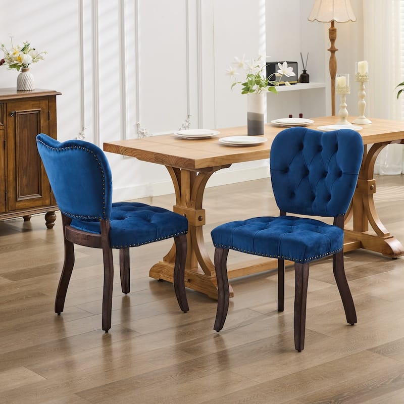 Roomfitters French Vintage Dining Chairs Set of 2, Tufted Velvet Upholstered Accent Chairs with Curved Wood Legs - Blue