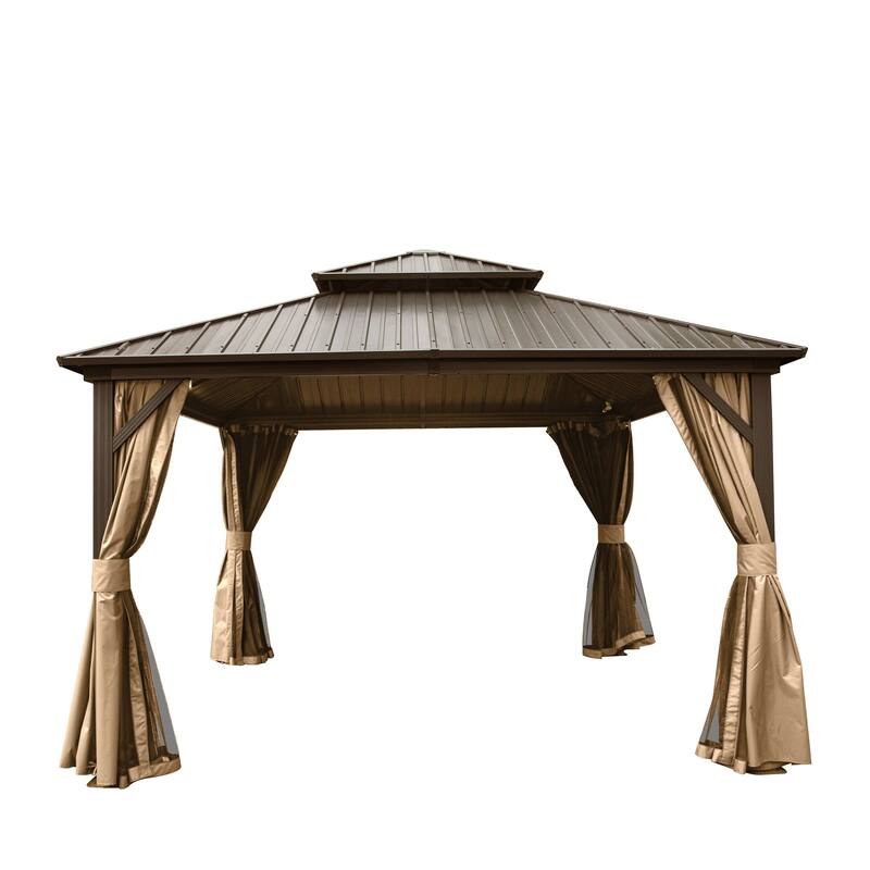 12' x 12' Outdoor Aluminum Hardtop Gazebo with Galvanized Steel Double Roof with Curtain and Netting - Brown