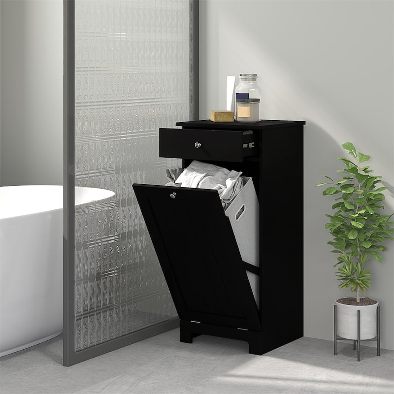 Black Laundry Hamper Cabinet with Tilt Out Hamper Drawer and Foldable Bag MDF for Bathroom Bedroom - 15.7" W x 15" D x 35.4" H