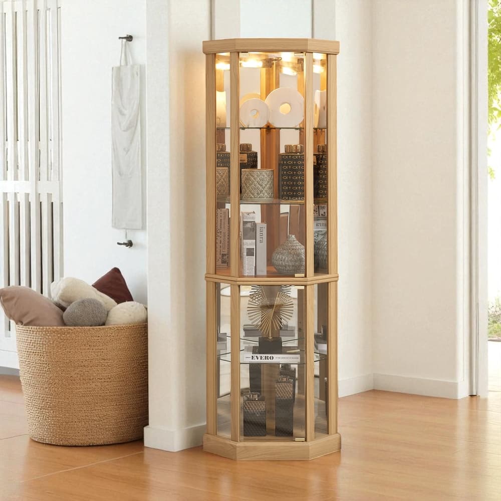 Corner Lighted Glass Curio Cabinet with Doors, Shelves and Mirrored Back for Display and Storage