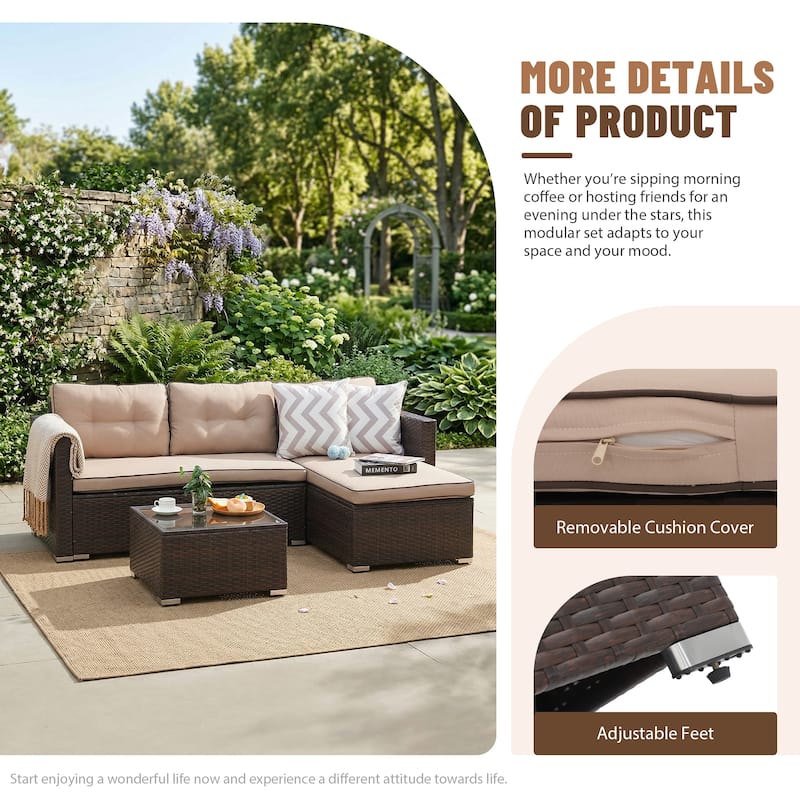 L-Shaped Outdoor Sectional Sofa, PE Wicker Patio Sofa Set with Table and Cushions