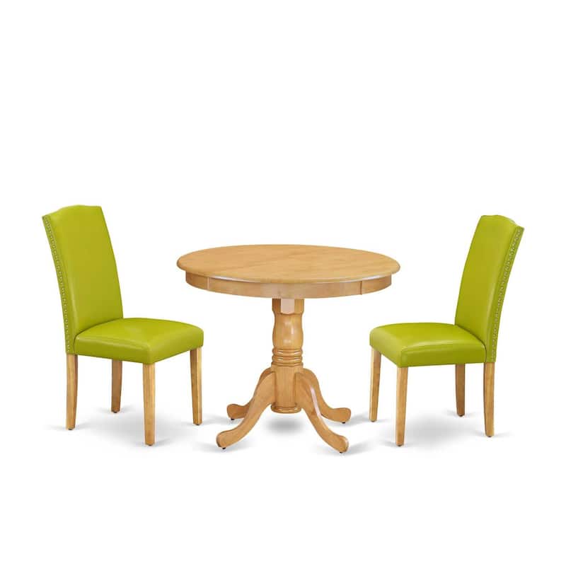 Round Dining Table Set - 36 Inch Table & 2 Chairs - PU Leather Seats - Autumn Green Finish