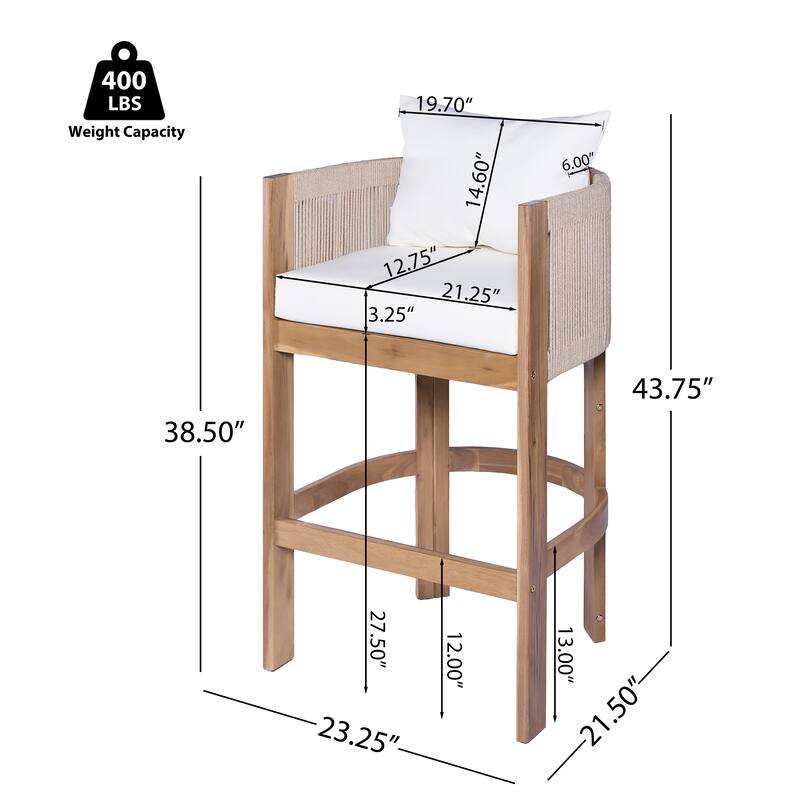Roomfitters Matera Outdoor Acacia Wood Barstools with Rope Back, Teak Finish and Beige Set of 2