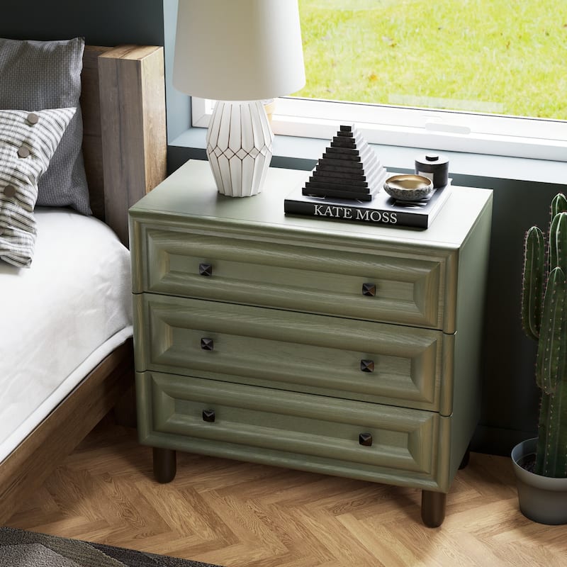COZAYH Modern Geometric Dresser with Textured Frame Fronts, Contemporary Nightstand Featuring Rounded Pillar Pine Wood Legs