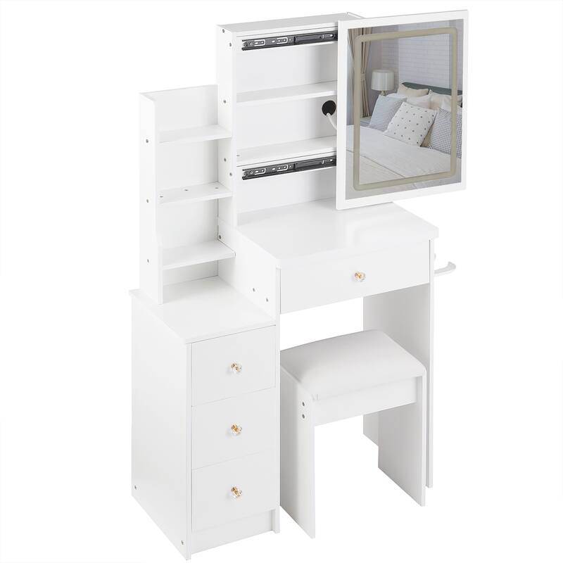 29.2" Small Size Left Bedside Cabinet Vanity Table + Cushioned Stool, 2 AC+2 USB Power Station, Hair dryer bracket