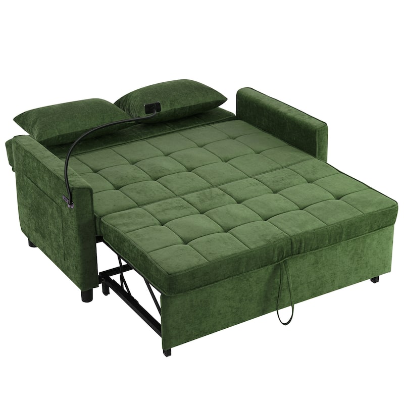 Roomfitters Loveseat Sleeper Sofa Bed with USB Ports, Reversible Cushion, Side Pockets and Phone Holder