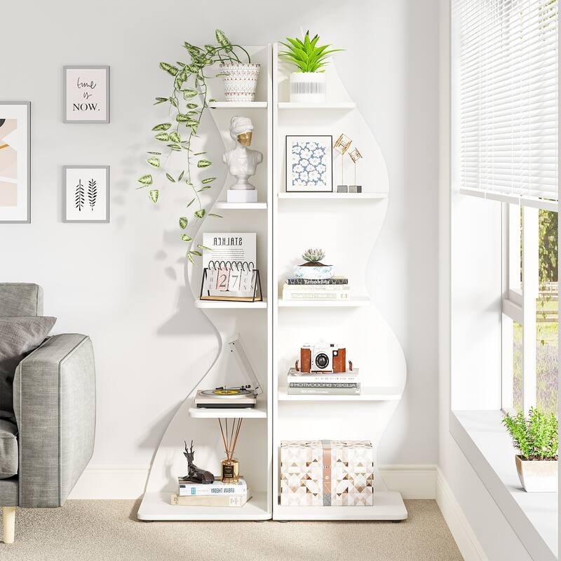 Modern Wood Corner Shelf, 5-Tier Bookshelf Bookcase for Living Room