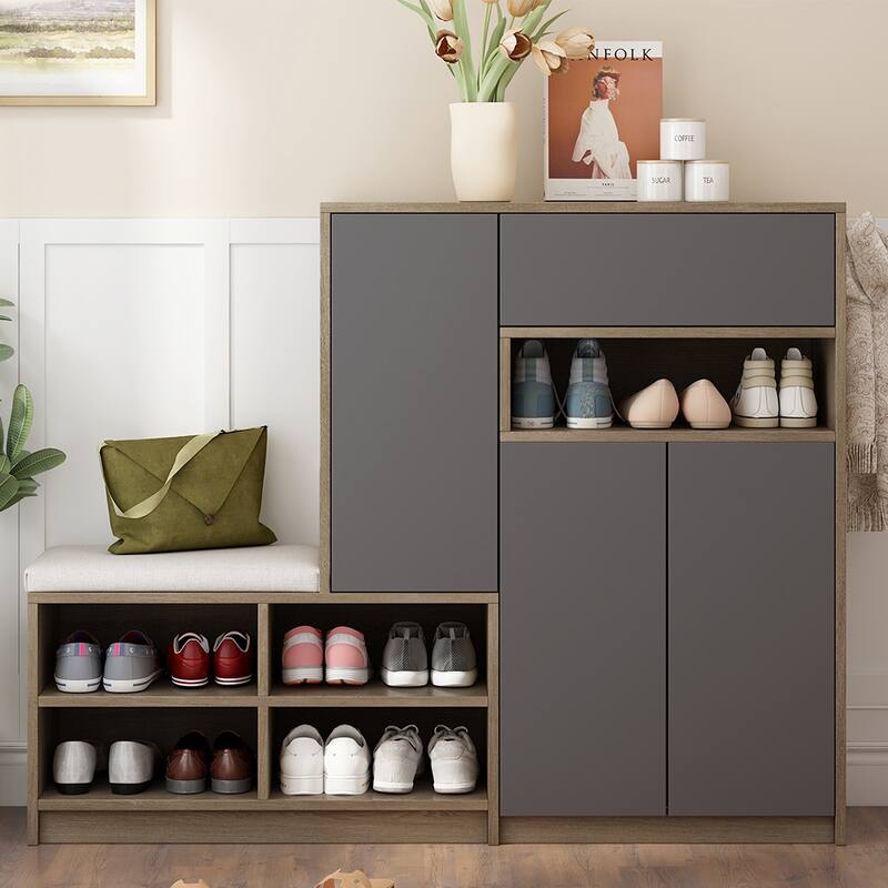 2-in-1 Shoe Storage Cabinet w/Padded Bench and Adjustable Shelves - Grey