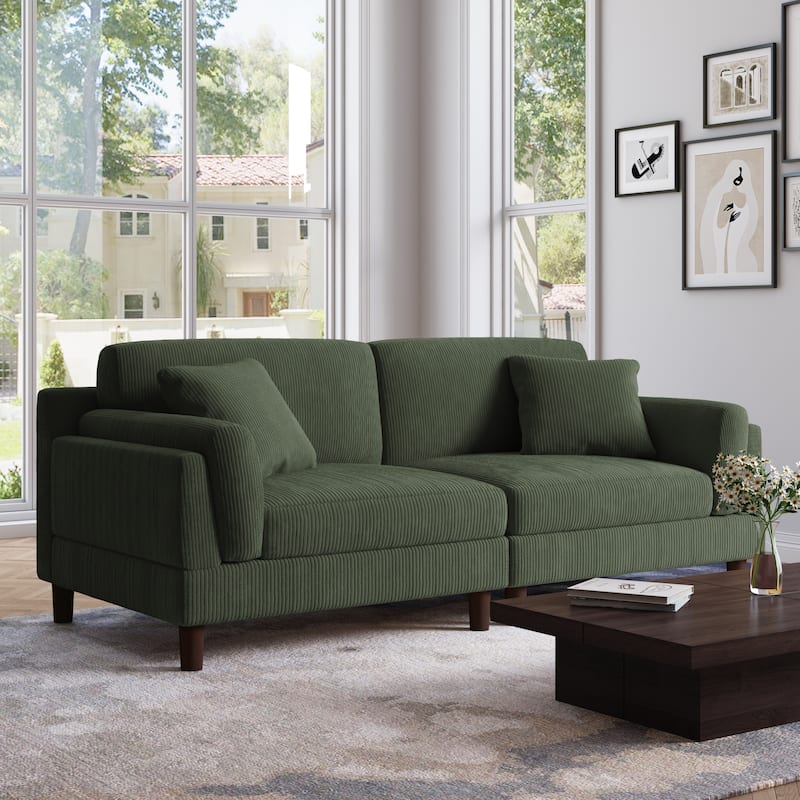 90.2"W Corduroy Upholstered 2 Seater Living Room Sofa - Green-2Pillows