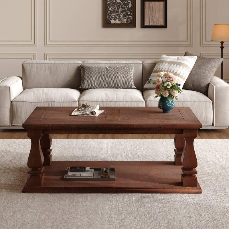 47.24" Farmhouse Coffee Table with Storage Shelf - Rustic Plank Top & Square Baluster Legs for Living Room