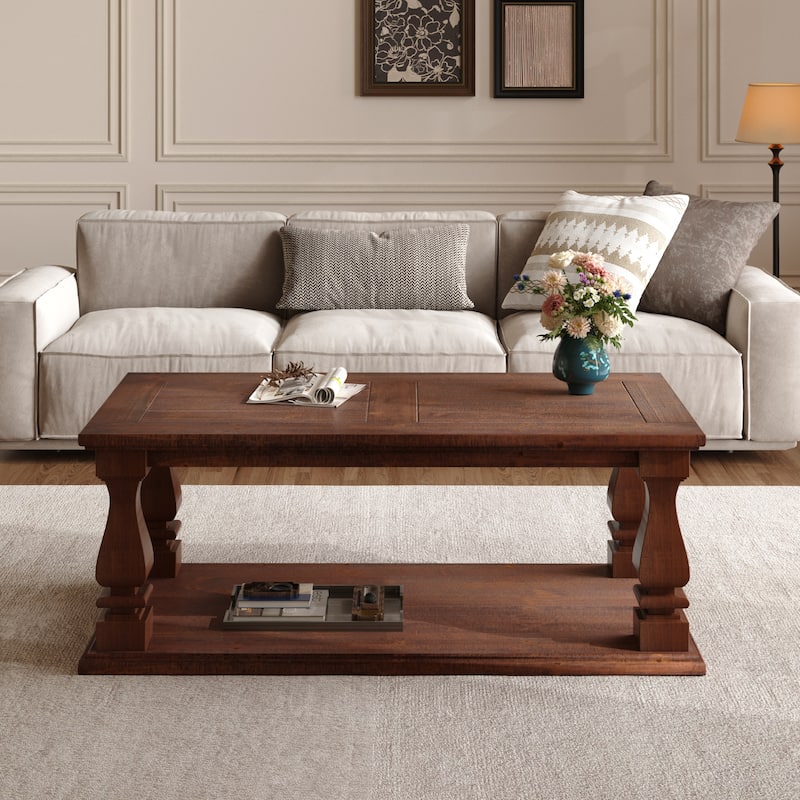 Roomfitters 47" Farmhouse Coffee Table, Rustic Wood Center Table with Heavy Planked Top & Square Baluster Legs