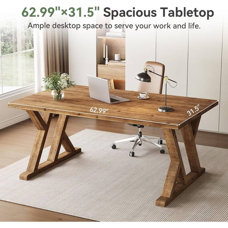 63" Solid Wood Executive Desk for Home Office, Farmhouse Wooden Large Office Computer Desk