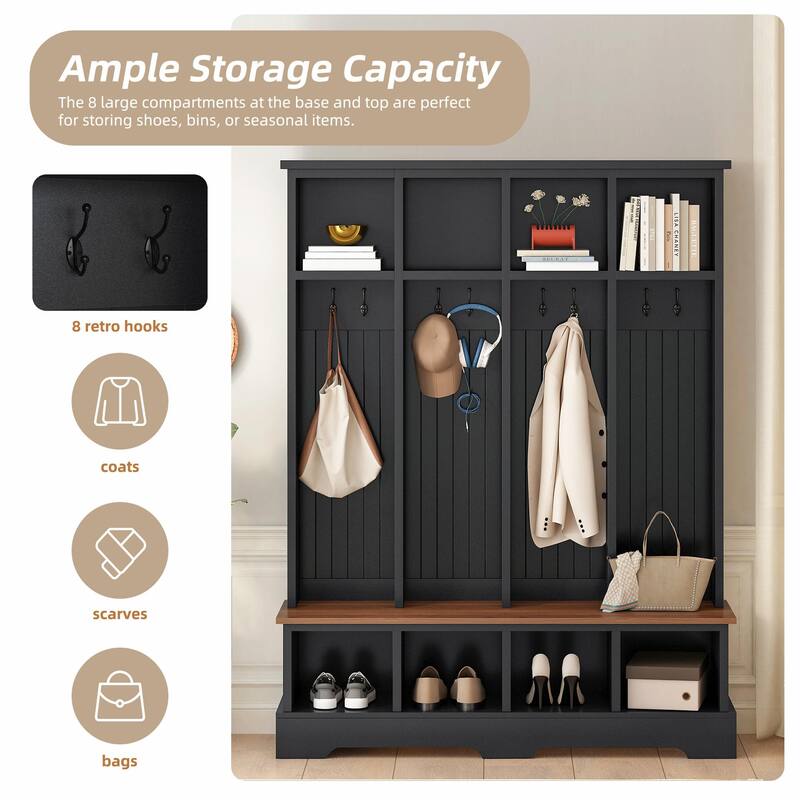 Farmhouse 59" Wide Hall Tree with 8 Hooks - Modern 3-in-1 Entryway Bench