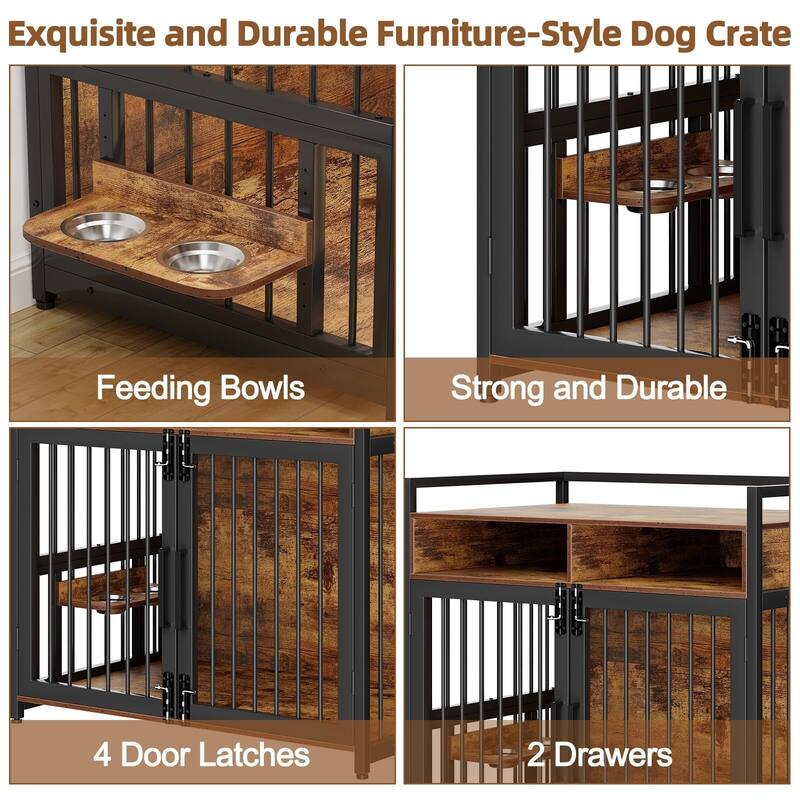 Heavy Duty Dog Crate Furniture, with Double Doors & Storage