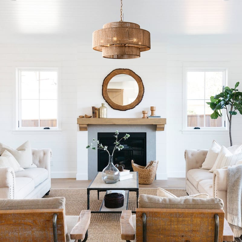 Bohemian Brown Hemp Rope Tiered Drum Chandelier Light - 23.62 "W x 15.16"H