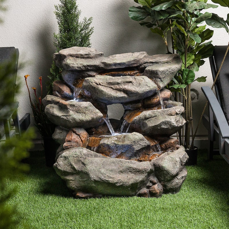 Alpine Corporation WIN256 24" Outdoor 2 Tier Fallen Tree Trunk Water Fountain with LED Lights
