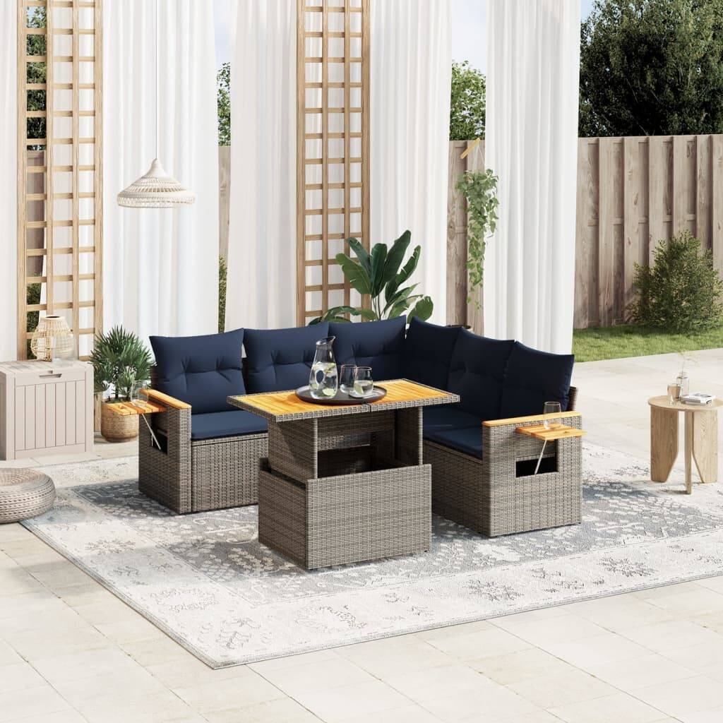 vidaXL Patio Sofa Set with Cushions Outdoor Furniture 6 Piece Poly Rattan - 21.7 x 24.4 x 27.2