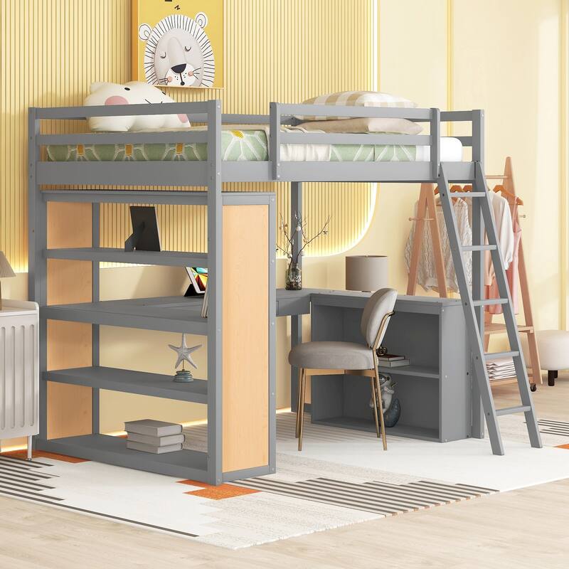 Wooden Bedframe Full Size Loft Bed with Built-in Desk, Storage Open Shelves, Drawer and Reversible Ladder for Kids, Teens