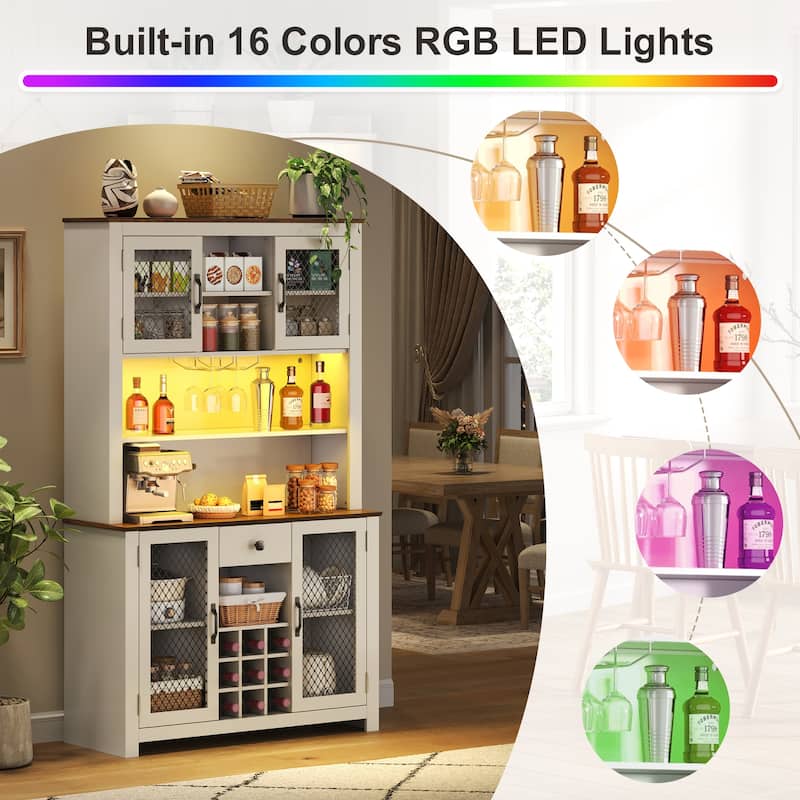 Anmytek 70.9 Inch White Kitchen Pantry Storage Cabinet Rustic Buffet with LED Outlets Wine Rack