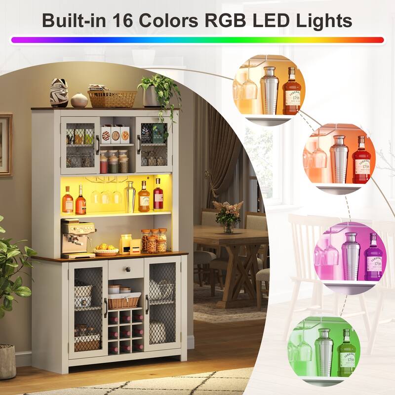 Rustic 70.9" Kitchen Hutch Pantry with LED Lights, AC/USB Outlets, Wine Bottle Rack, Glass Storage and Adjustable Shelves