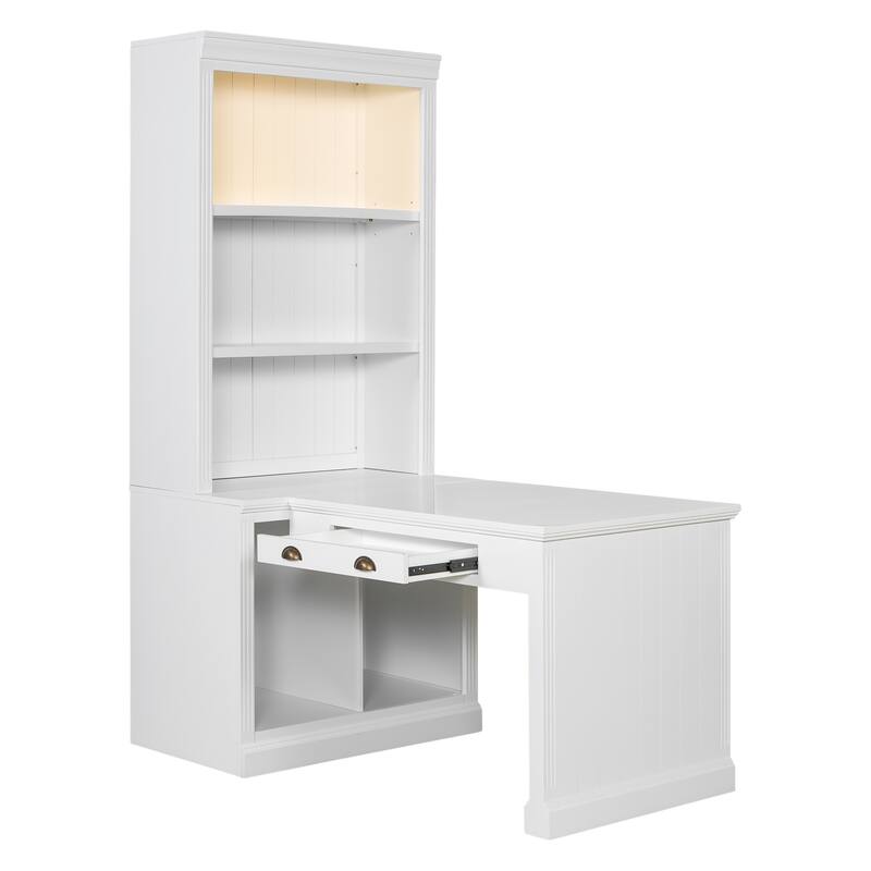 Bookshelf with Writing Desk, Study Desk Workstation with LED Lighting