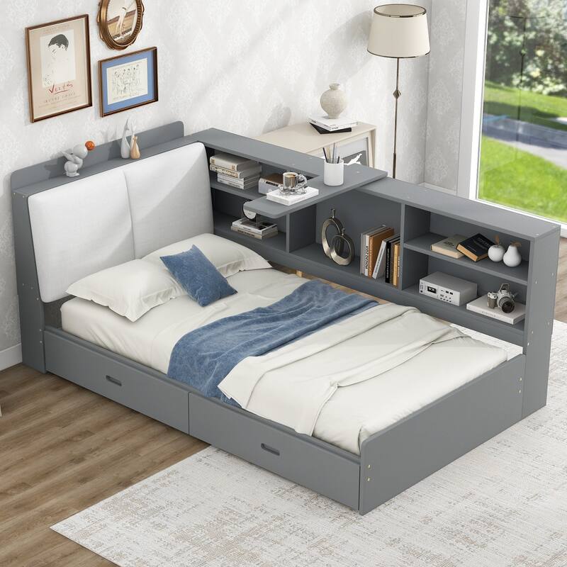 Twin Size Platform Bed with Storage Headboard, Shelves, and 2 Drawers in Gray