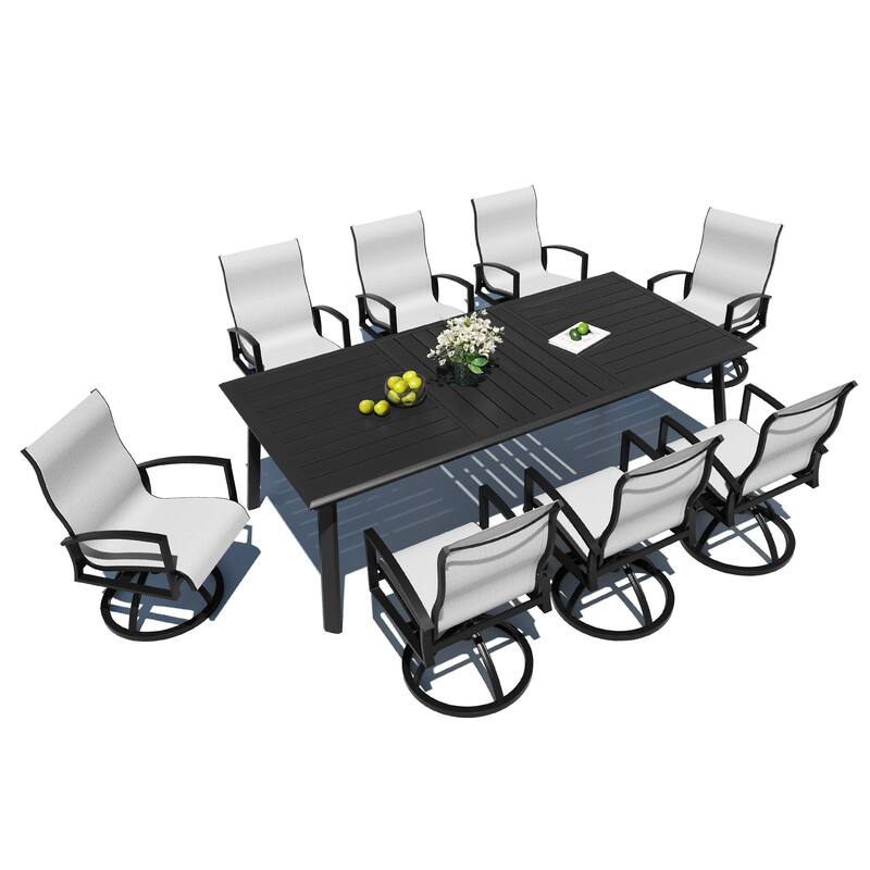 9-Piece Outdoor Dining Set Sunbrella Swivel Chair and Aluminum Dining Table with Umbrella Hole