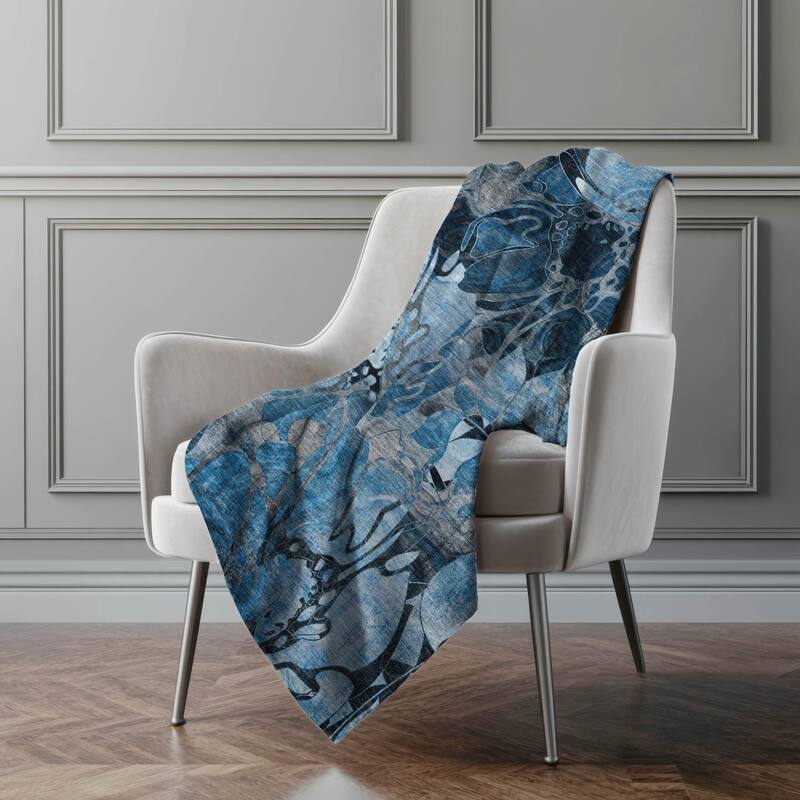 Premium Machine Washable Modern Floral Sherpa Throw Blanket - Blue - 4'2" x 5'10"