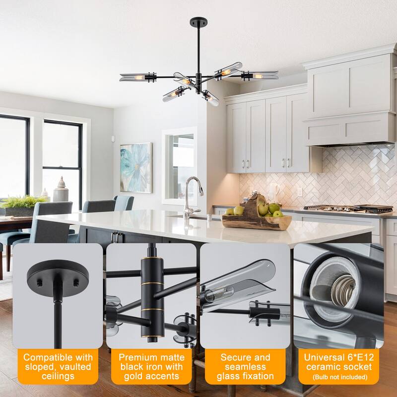 6-Light Modern Branch Chandelier 2-in-1 Curved Smoke Glass Panels - Dia.47.24-in