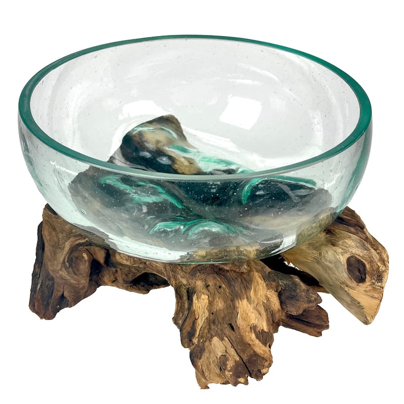 Molten Glass Bowl On Driftwood 10" Hand Blown Decorative Centerpiece