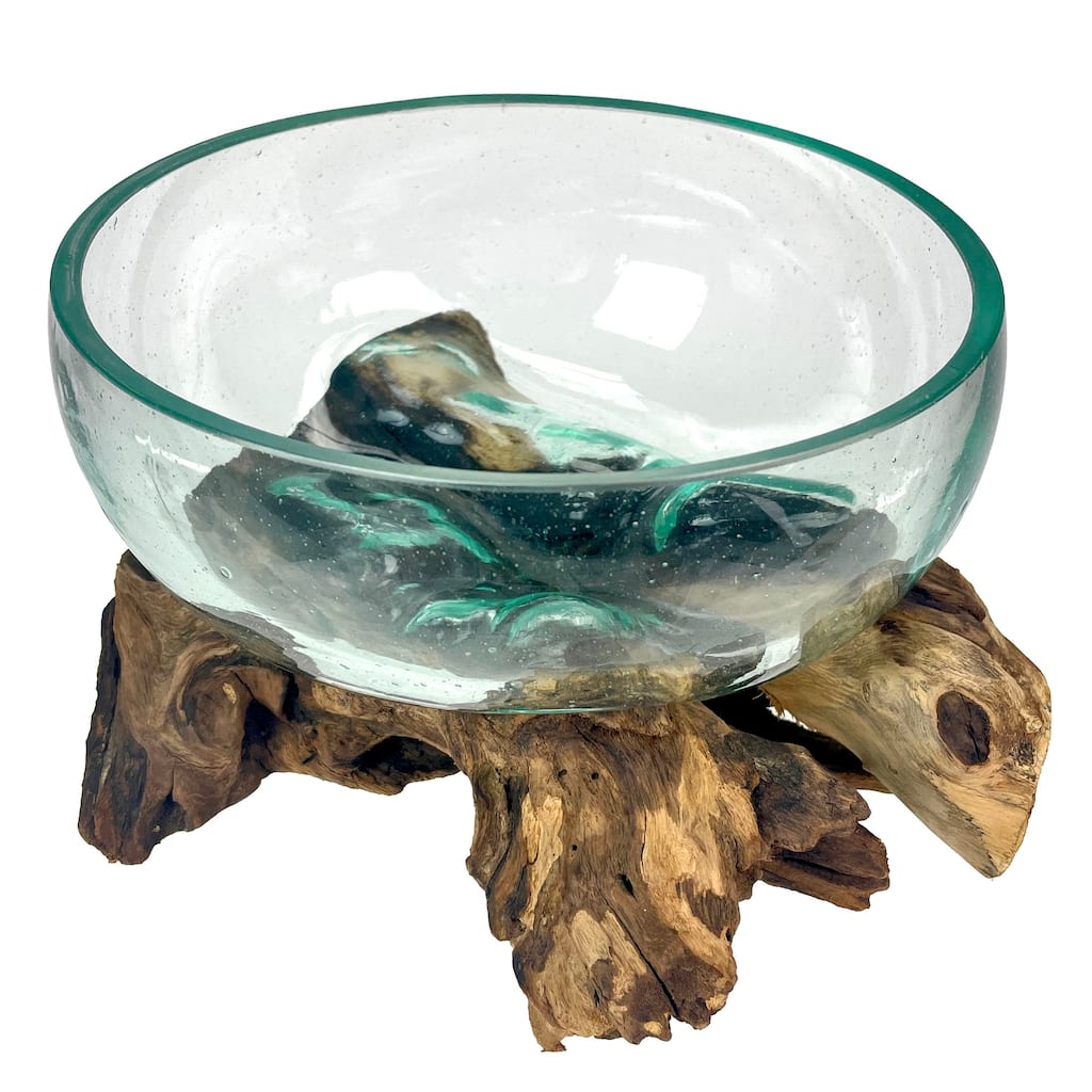 Molten Glass Bowl On Driftwood 10" Hand Blown Decorative Centerpiece