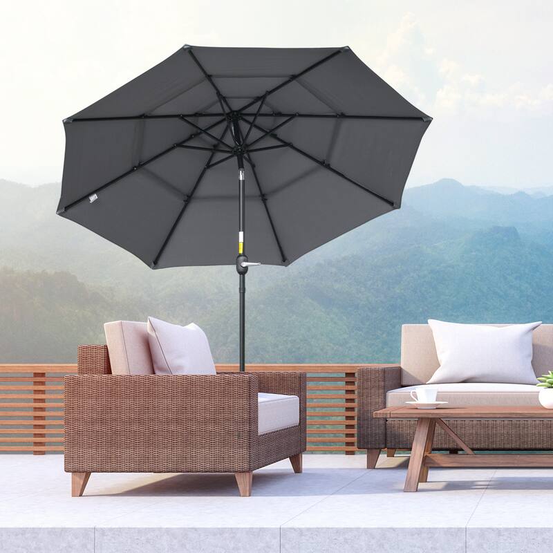 9FT 3 Tiers Patio Umbrella Outdoor Market Umbrella with Crank, Push Button Tilt for Deck, Backyard and Lawn, Wine Red