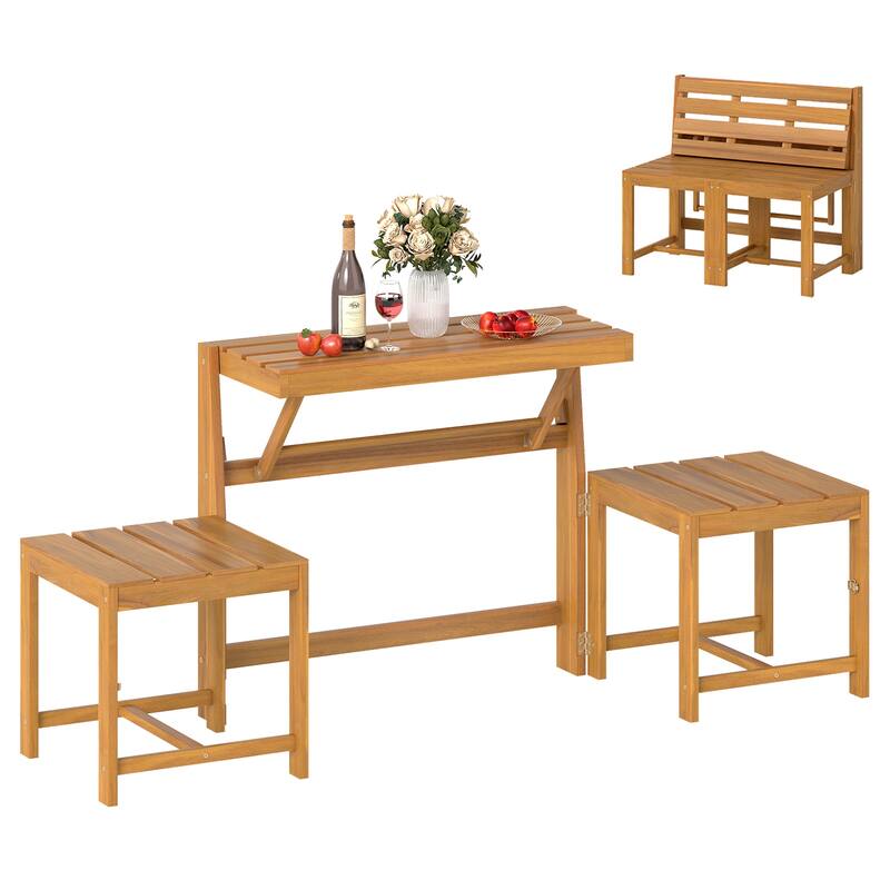 Gymax 3-in-1 Outdoor Acacia Wood Loveseat Bench Furnitur w/ Slatted