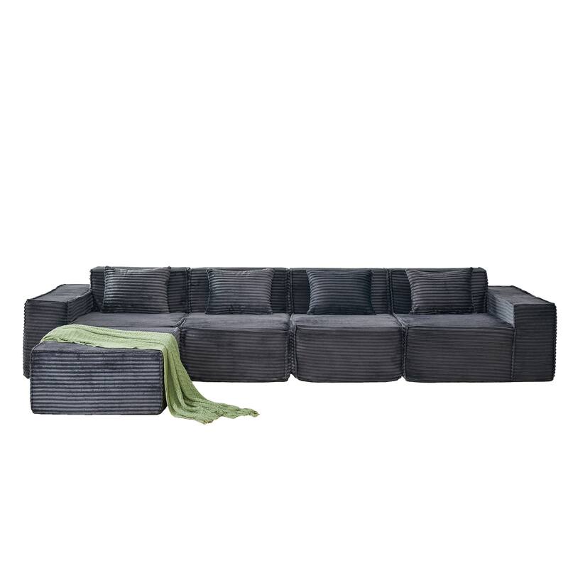 L-Shaped Modular Sectional Sofa with Ottoman, Striped Corduroy Deep Seat Cloud Couch, Large 4-Seat Corner Sofa