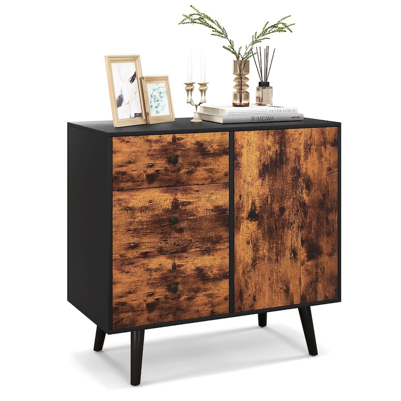 Costway Mid-Century Rustic Storage Cabinet Multipurpose Wood Shelf - 31'' x 16'' x 30'' (L x W x H) - Rustic Brown, Black - 31'' x 16'' x 30'' (L x W x H)