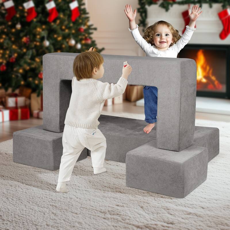 Grey Chenille Kids Modular Couch with Foam Blocks and Safe Zippers - 39.37” L x 39.37” W x 7.87” H