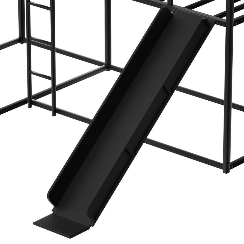 Queen Bunk Bed, Metal Bed Frame With Full-Length Guardrail and Ladder, Black.