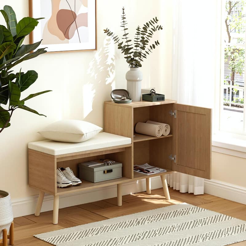Homy Casa 2-in-1 Entryway Accent Storage Cushion Bench with Rattan Cabinet