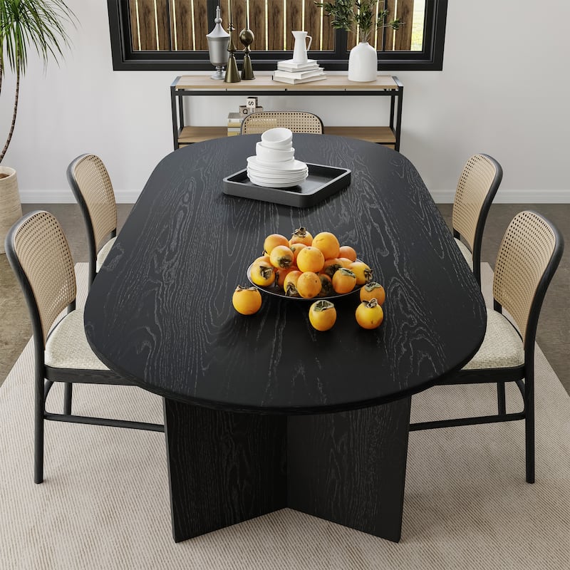 Solid Wood Farmhouse Dining Table with V-Shaped Legs and Oval Wood Top for Modern Dining Rooms & Family Gatherings