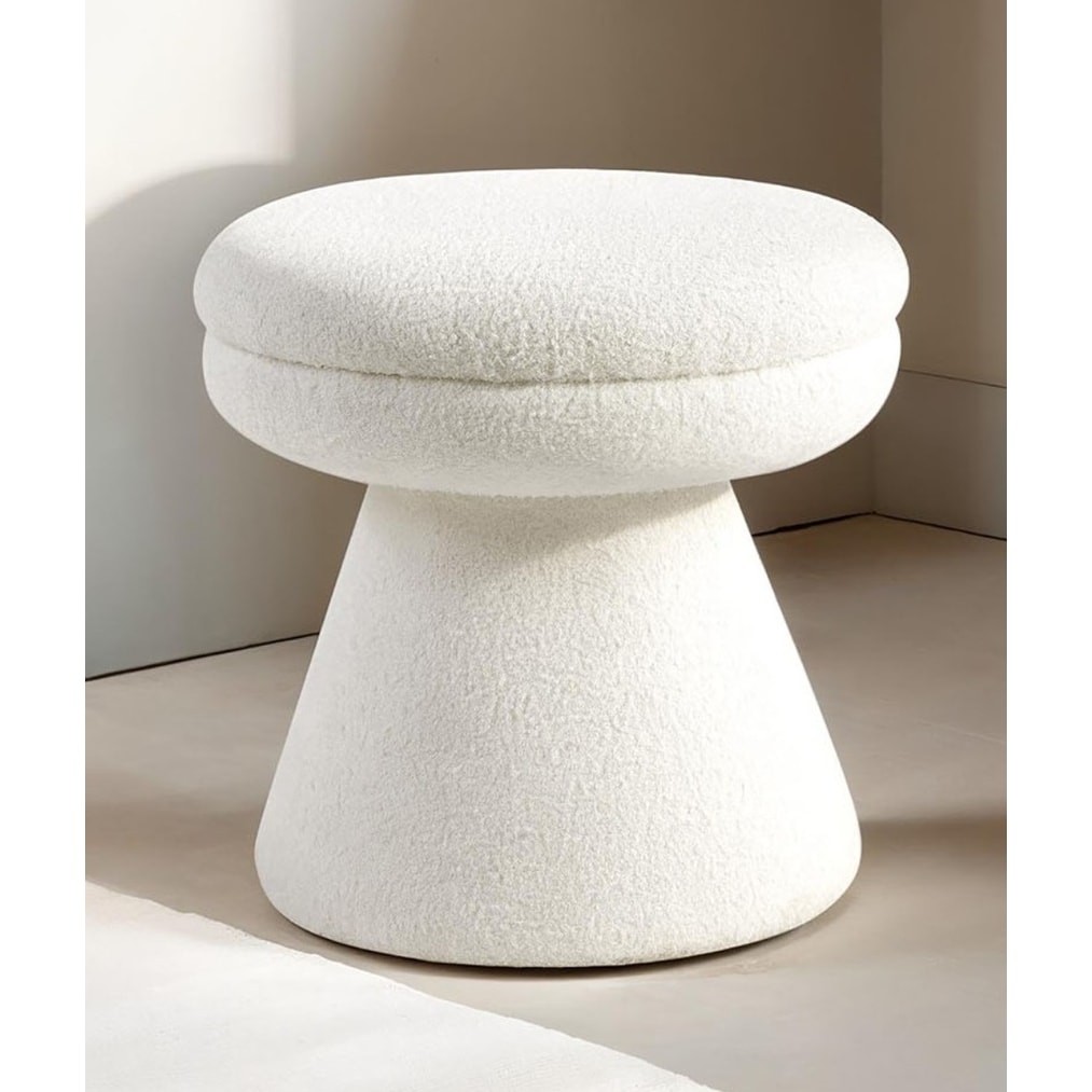 Contemporary Round Top Accent Stool With Teddy Fabric And Pedestal Base For Living Room