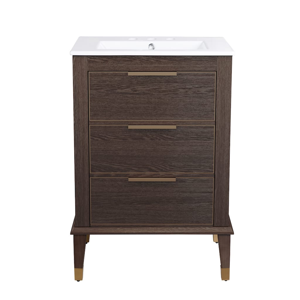 Hugo 24 In. Brown Oak Bathroom Vanity With White, 3-Hole Ceramic Sink Top