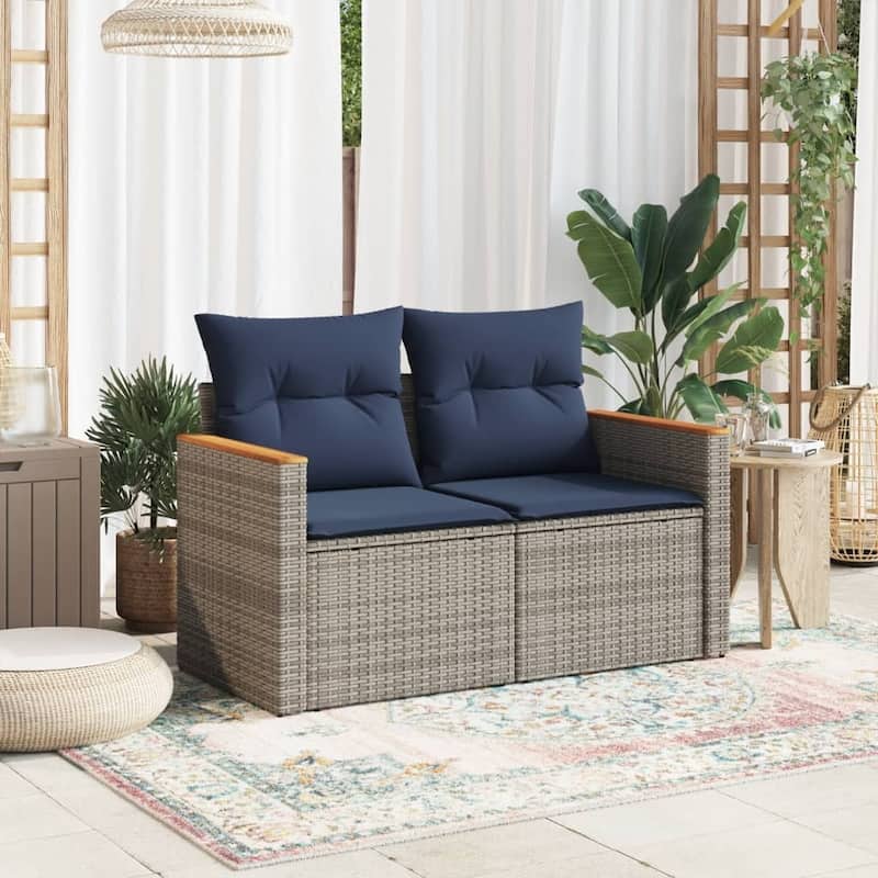 vidaXL Patio Sofa with Cushions 2-Seater Gray Poly Rattan - 48.8" x 24.4" x 27.2"