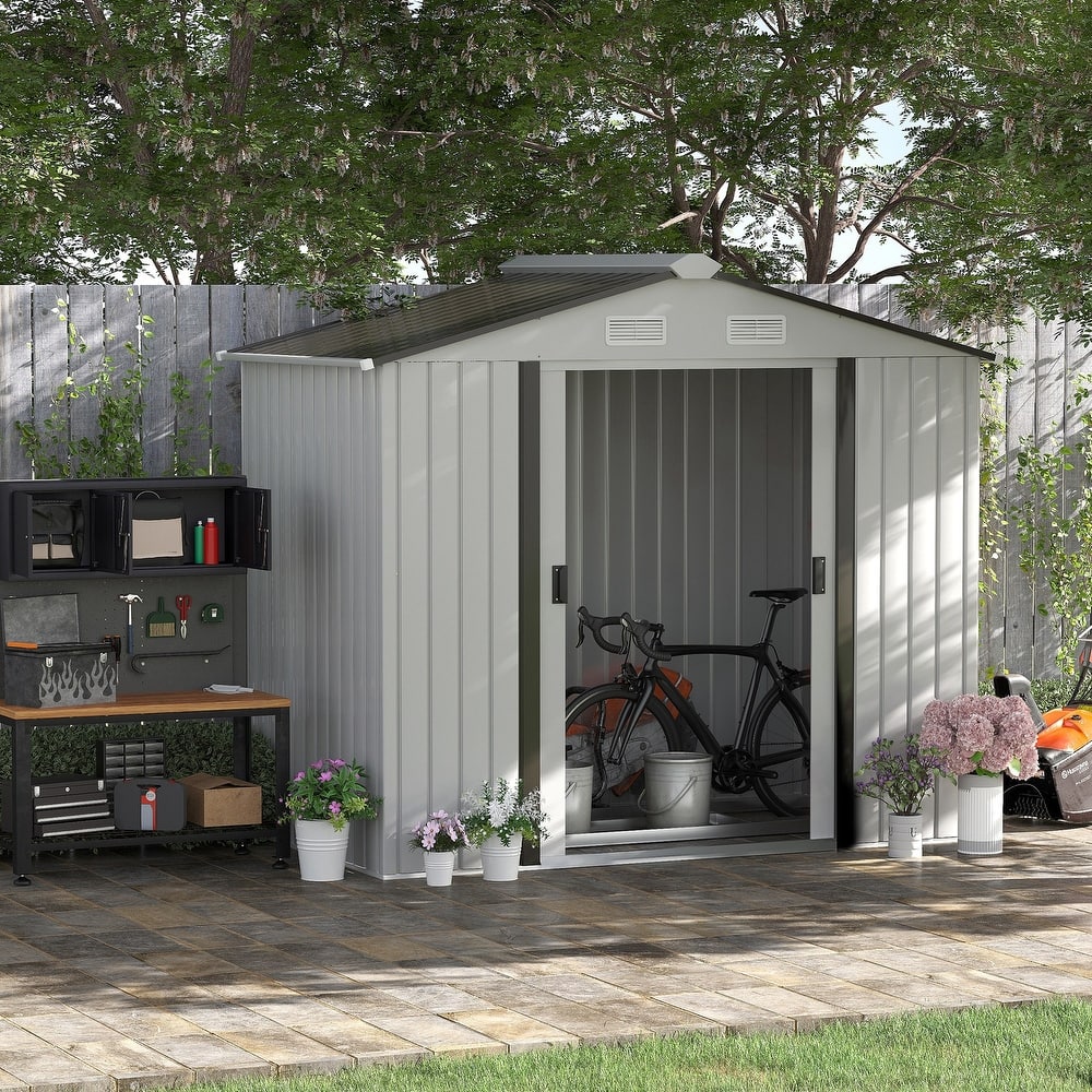 Outsunny 7'x4' Metal Outdoor Shed Organizer & Garden Storage with 4 Vents for Airflow & 2 Easy Sliding Doors