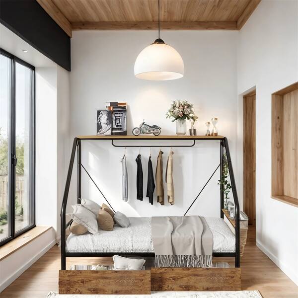 slide 2 of 11, Full Size Metal Platform Bed with Clothes Rack and 2 Drawers