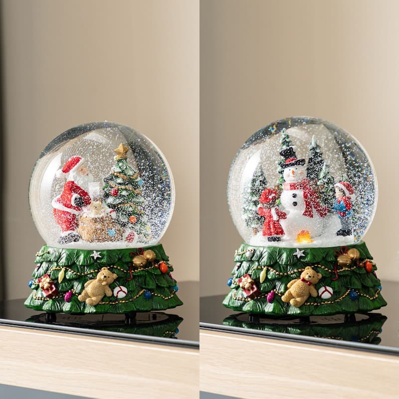 Glitzhome 150mm Christmas Resin Lighted Musical Snowflakes Santa Snowman Waterglobe Xmas Gifts - Santa & Snowman