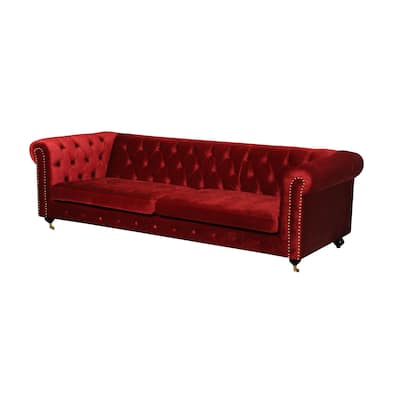 Chesterfield Sofa with Rolled Arms and Caster Support, Red